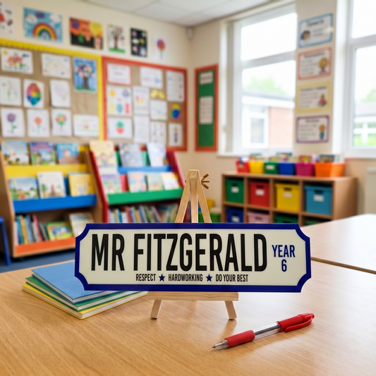 Personalised teacher street sign gift on a wooden easel