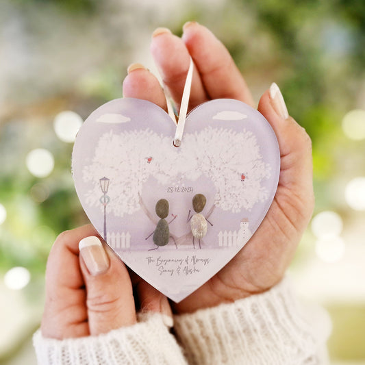 Personalised 'Love at Christmas' Engagement/Proposal Christmas Pebble Heart Hanging Decoration