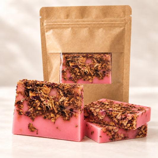 Pink Rose & Rose Petals soap slices topped with dried rose petals, with a kraft window pouch