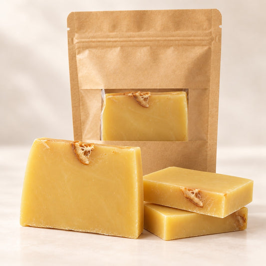 Slice of Sunshine orange soap slices topped with dried orange, with a kraft window pouch