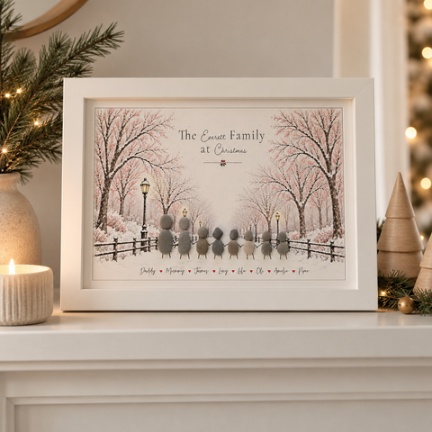 Personalised Christmas Walk family pebble picture in a white frame on a mantelpiece, The Everett Family at Christmas with names along the bottom