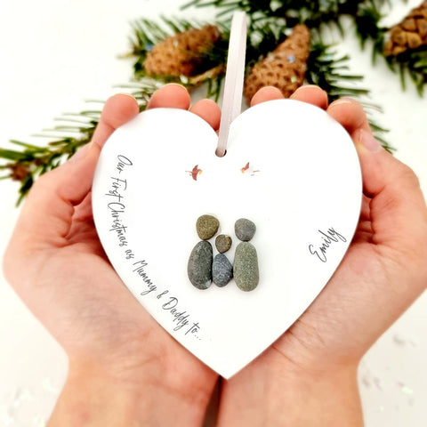 "First Christmas As Mummy & Daddy to...." Personalised Pebble Hanging Heart