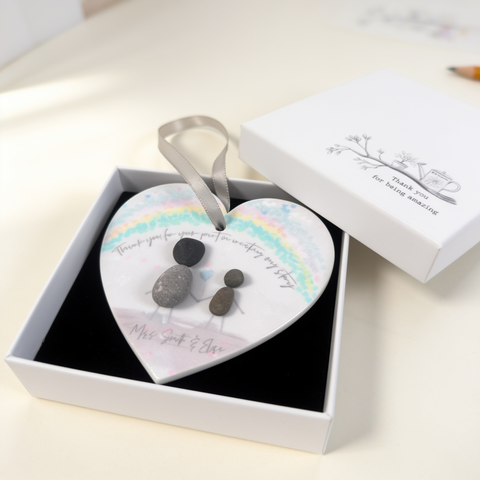 Personalised Teacher Rainbow Pebble People Hanging Heart Gift — Unique End of Year Present UK