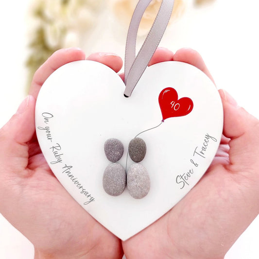 Personalised Ruby Wedding Anniversary Pebble People Hanging Heart Gift