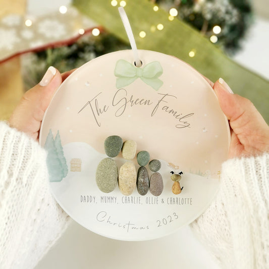 Personalised "Merry & Bright" Family Christmas Pebble Hanging Decoration