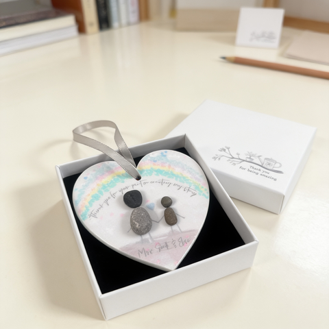 Personalised Teacher Rainbow Pebble People Hanging Heart Gift — Unique End of Year Present UK