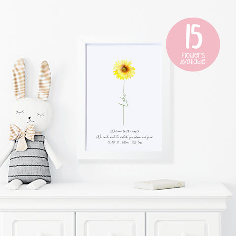 Personalised 'Watercolour Flower New Baby' A4 Print