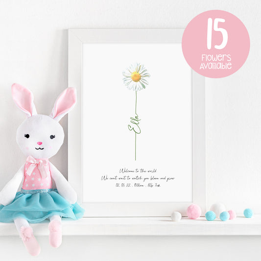 Personalised 'Watercolour Flower New Baby' A4 Print