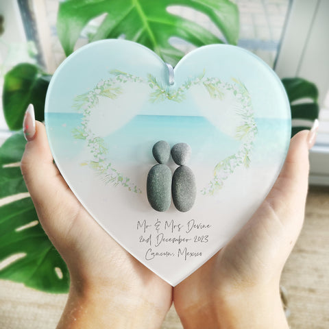 Personalised 'Beach Wedding' Pebble Hanging Heart Gift