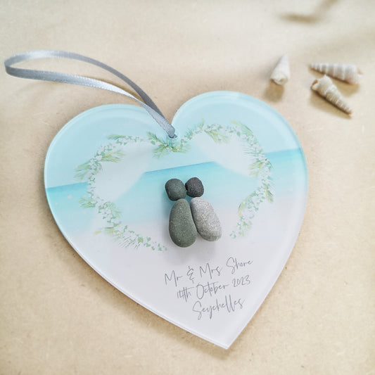 Personalised 'Beach Wedding' Pebble Hanging Heart Gift