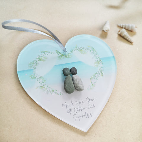 Personalised 'Beach Wedding' Pebble Hanging Heart Gift