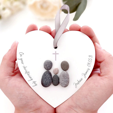 Personalised Christening Pebble Hanging Heart Gift