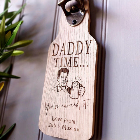 Daddy Time/Grandpa Time' Personalised, Oak Veneer Bottle Opener Gift