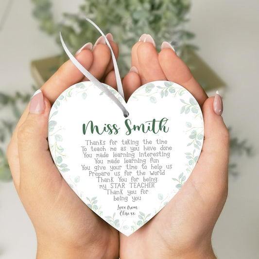 Personalised Floral Teacher Poem Hanging Heart Gift