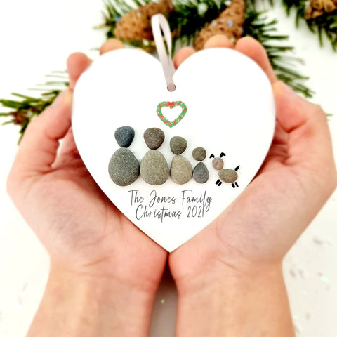 Personalised Family Christmas Pebble Hanging Heart Gift