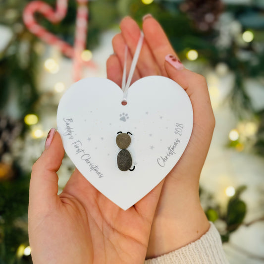 Personalised Pet's 1st Christmas Pebble Hanging Heart
