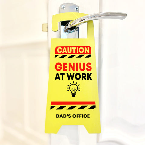 Personalised CAUTION 'Genius At Work' Door Hanger Gift