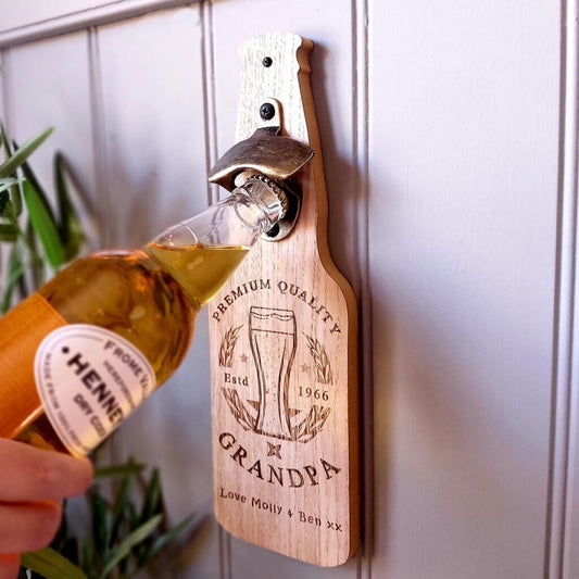 Dad/Grandpa 'Premium Quality' Personalised, Oak Veneer Bottle Opener Gift