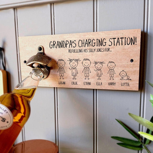 Dad/Grandpa 'Charging Station' wooden plaque with bottle opener Gift