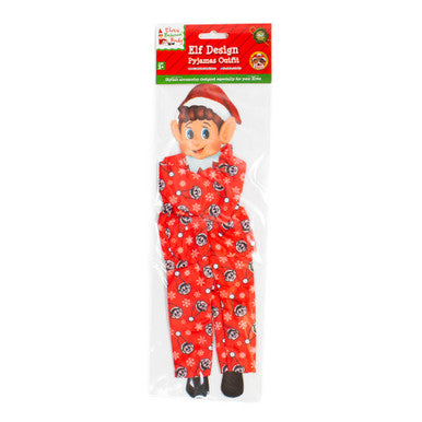 The actual red elf-print pyjama set as supplied, shown in its packaging