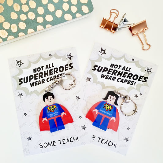 Personalised Teacher/Teaching Assistant 'Superhero' Minifigure Keyring Gift