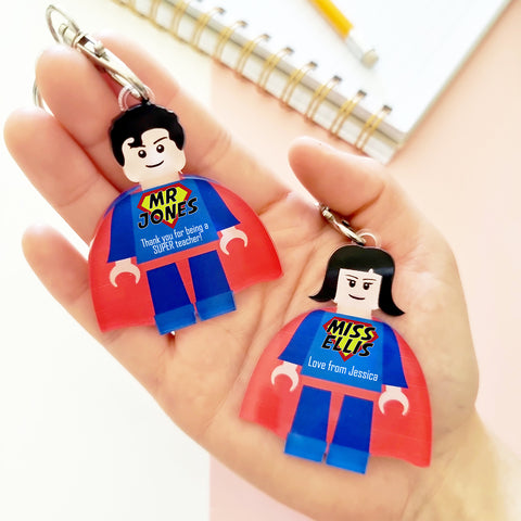 Personalised Teacher/Teaching Assistant 'Superhero' Minifigure Keyring Gift