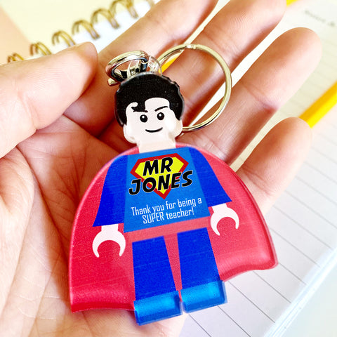 Personalised Teacher/Teaching Assistant 'Superhero' Minifigure Keyring Gift