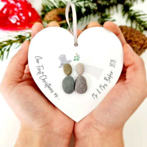 Personalised Mr & Mrs Christmas Wedding Pebble People Hanging Heart Gift