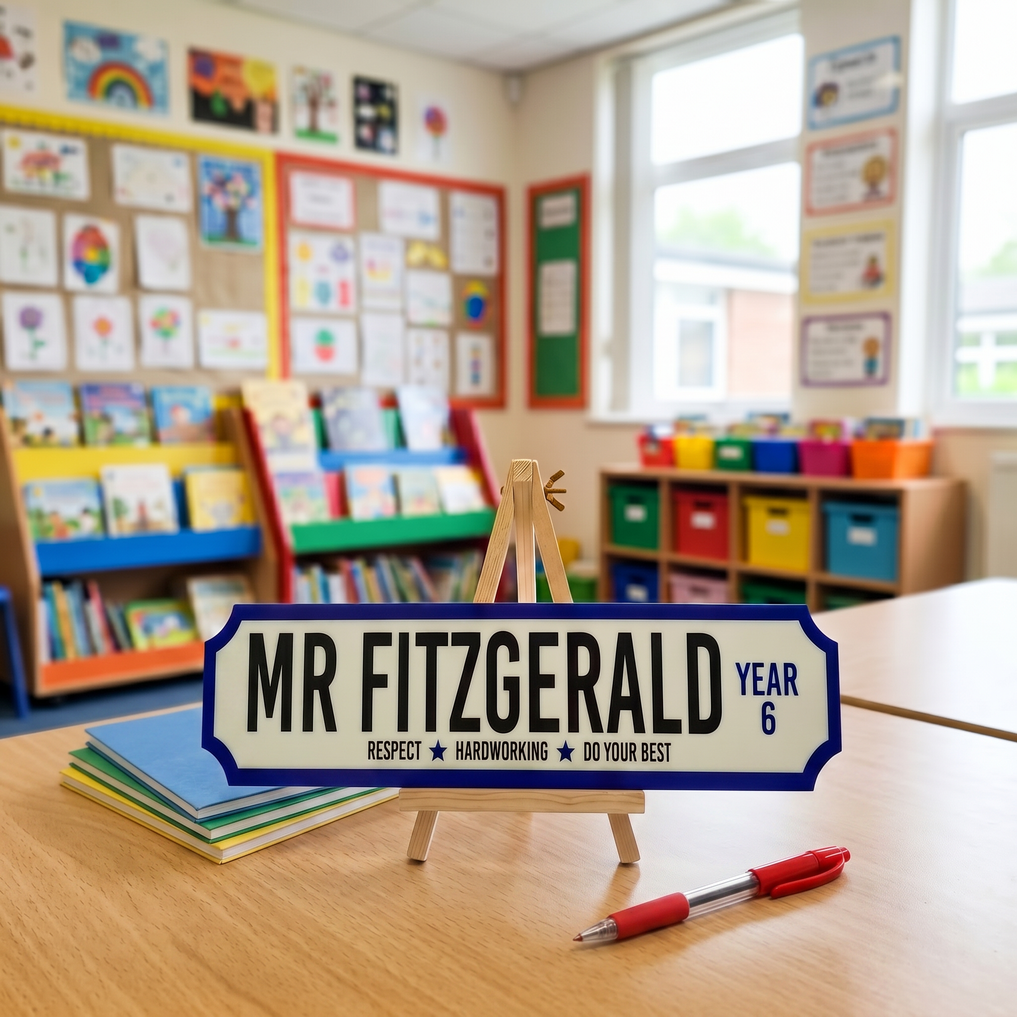 Personalised teacher street sign gift on a wooden easel