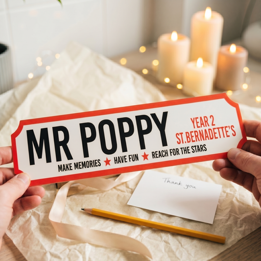 Person holding a 'Mr Poppy' sign with candles and paper in the background