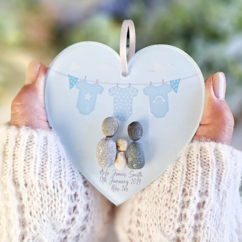 Personalised Hello Baby Pebble Hanging Heart Gift