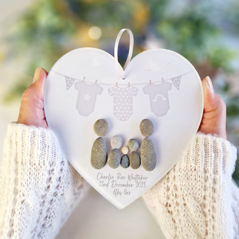 Personalised Hello Baby Pebble Hanging Heart Gift