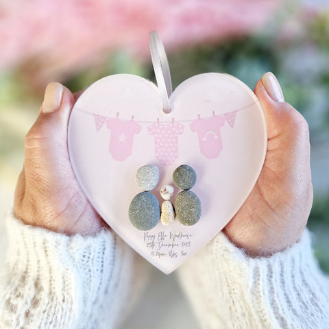 Personalised Hello Baby Pebble Hanging Heart Gift