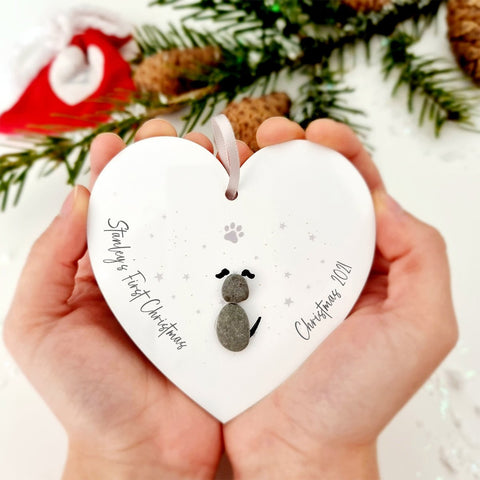 Personalised Pet's 1st Christmas Pebble Hanging Heart