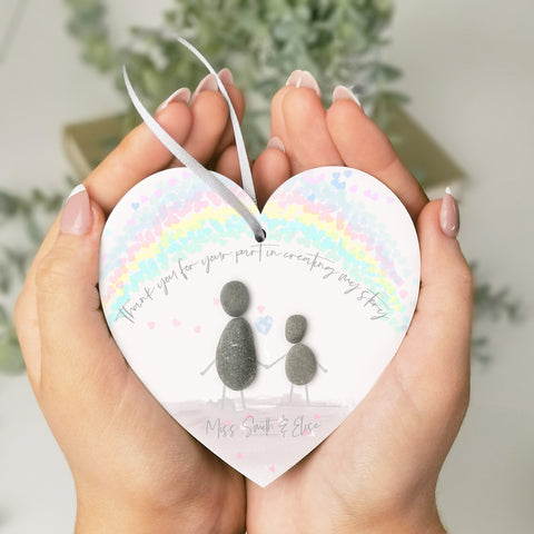 Personalised Rainbow Teacher Pebble People Hanging Heart Gift