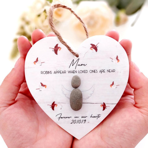 Personalised Robins Remembrance Outdoor Pebble People Hanging Heart Decoration