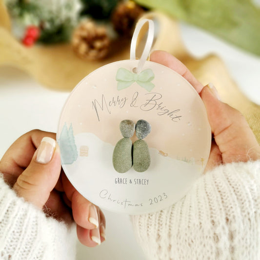 Personalised "Merry & Bright" Family Christmas Pebble Hanging Decoration