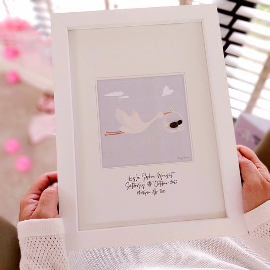 New Baby Stork Personalised Pebble Picture Gift