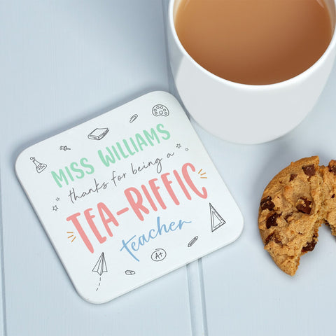 Personalised Teacher/Teaching Assistant "Tea-Riffic" Coaster Gift