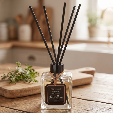 Personalised family reed diffuser, This Home Belongs To The Millers Est 2003, in a farmhouse kitchen
