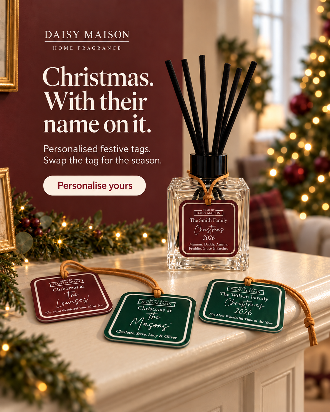 Personalised Christmas reed diffuser on a festive mantel with burgundy and green family tag designs