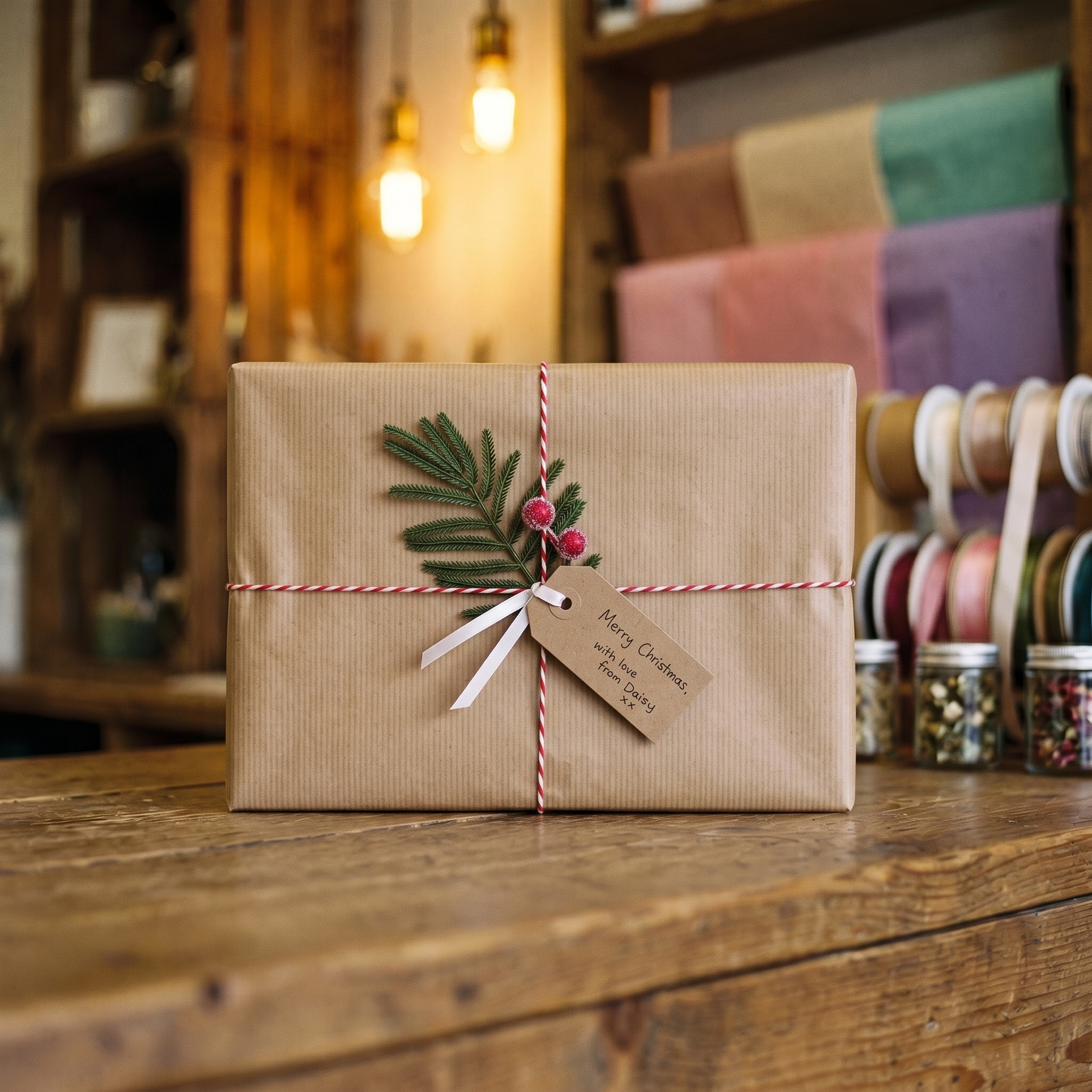 Framed pebble picture wrapped with the Christmas gift wrap kit, red and white twine, pine sprig and gift tag
