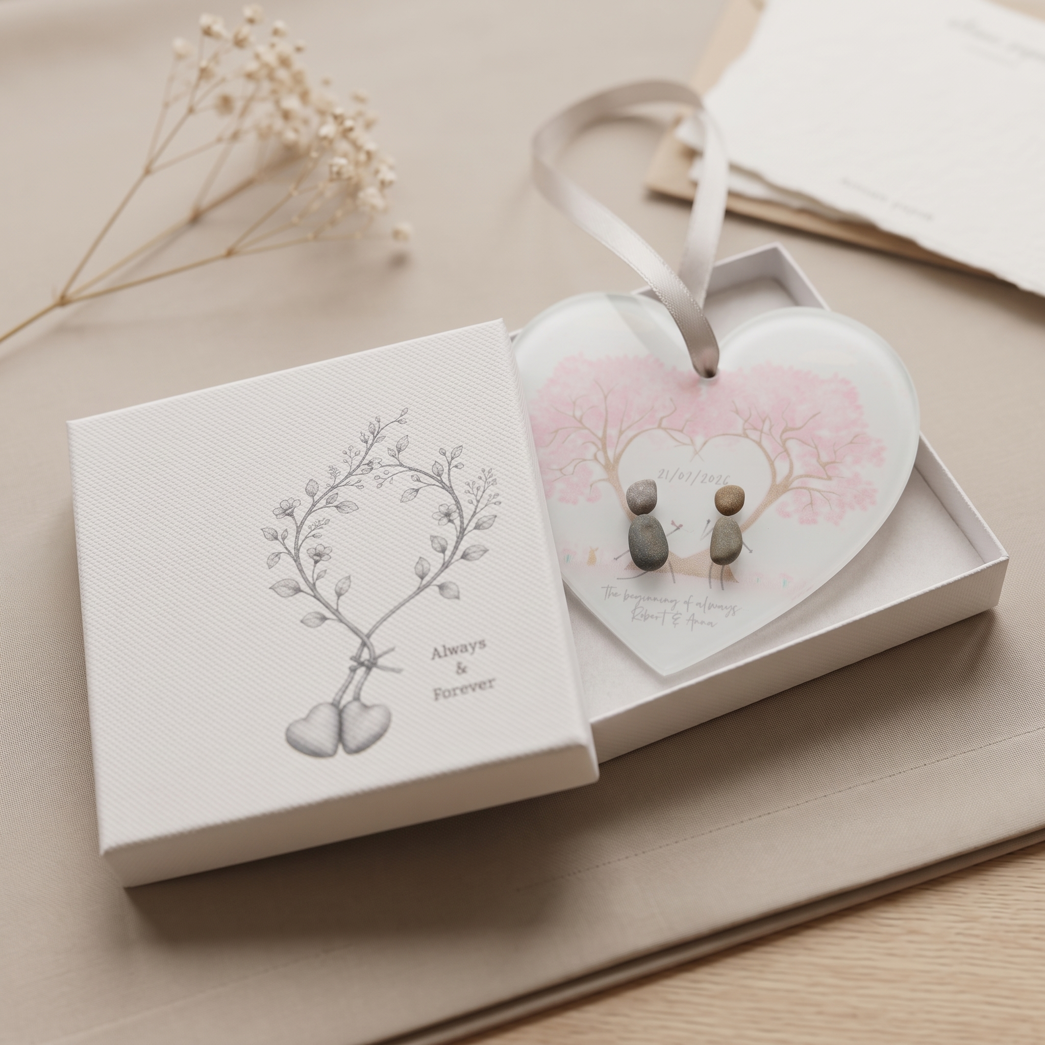 Personalised engagement love tree pebble hanging heart in an Always and Forever gift box