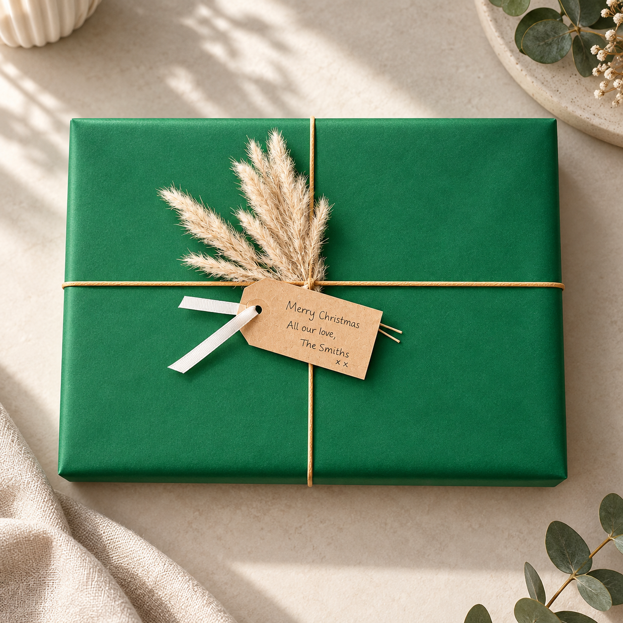 Overhead wrapping inspiration showing a picture wrapped in green paper with tan cord, pampas and a kraft gift tag.