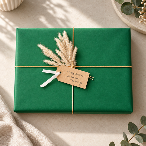 Overhead wrapping inspiration showing a picture wrapped in green paper with tan cord, pampas and a kraft gift tag.