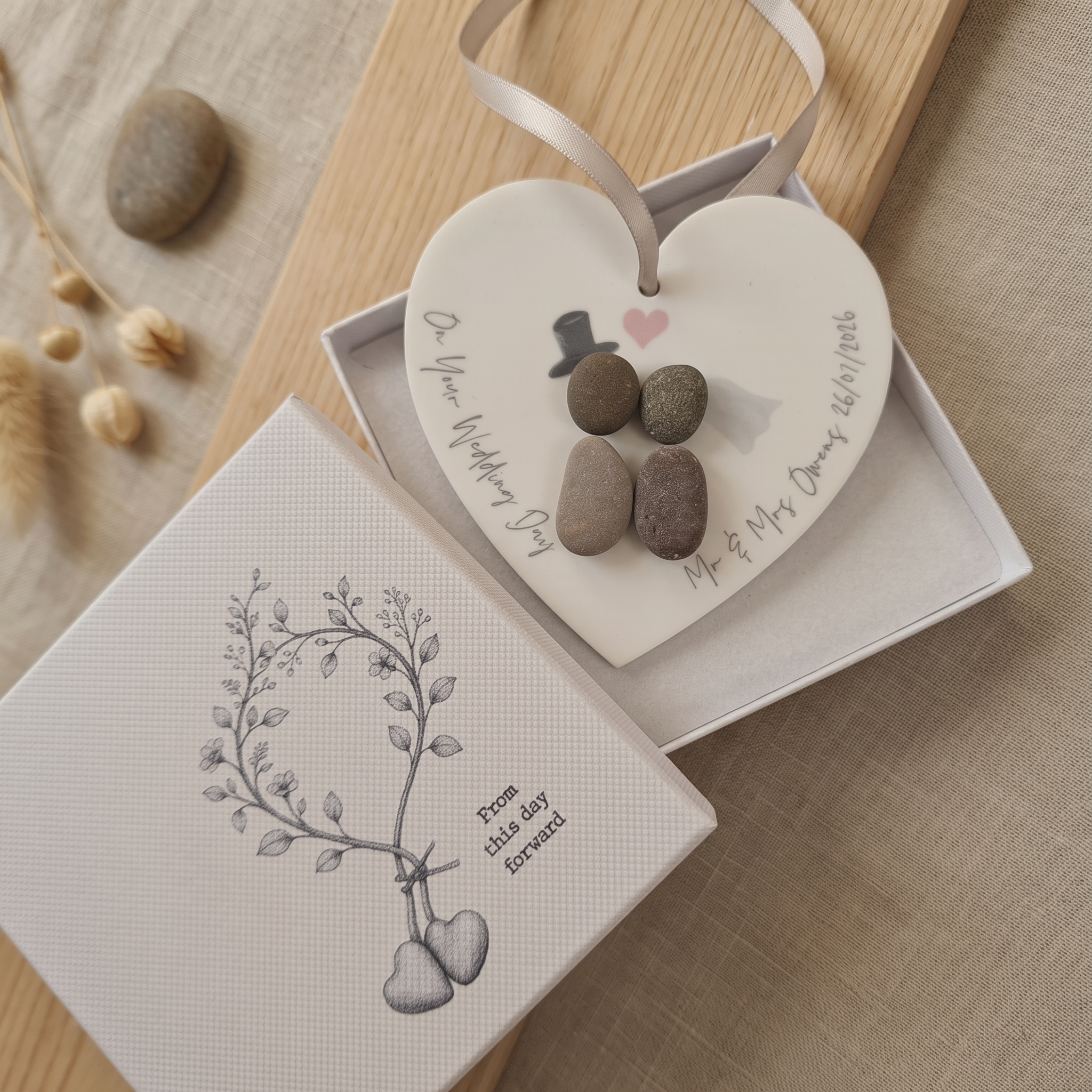 Personalised Mr and Mrs wedding pebble people hanging heart in a From This Day Forward gift box