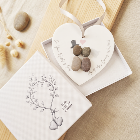 Personalised Wedding Pebble People Hanging Heart Gift