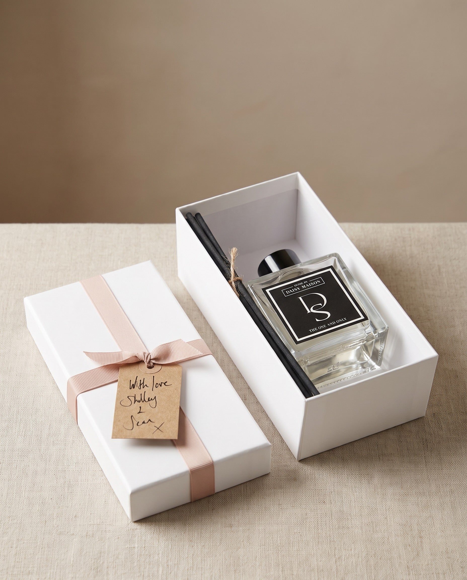 Personalised reed diffuser in its rigid white gift box