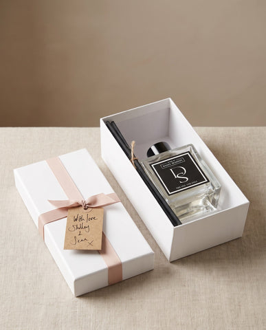 Personalised reed diffuser in its rigid white gift box