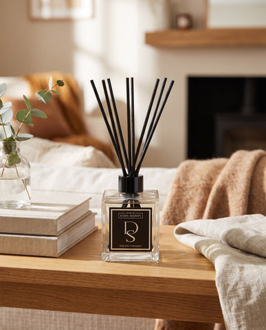 Personalised reed diffuser styled on a hallway shelf
